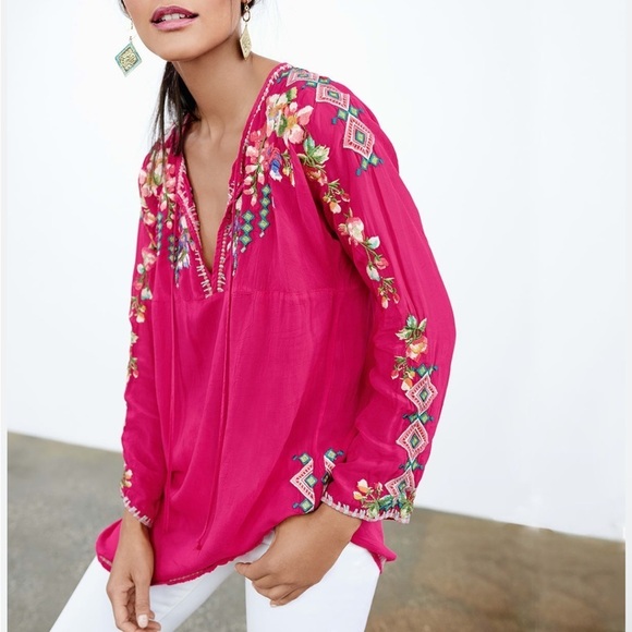 Johnny Was Vanessa Red Embroidered Semi Sheer Tunic Blouse - Picture 3 of 11